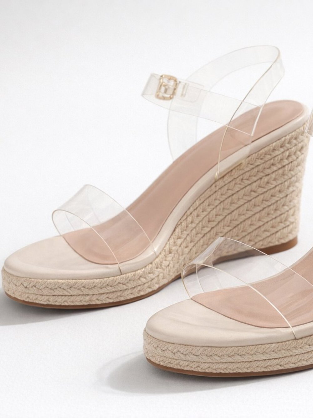 Clear Strap Espadrille Wedge Sandals in Cream